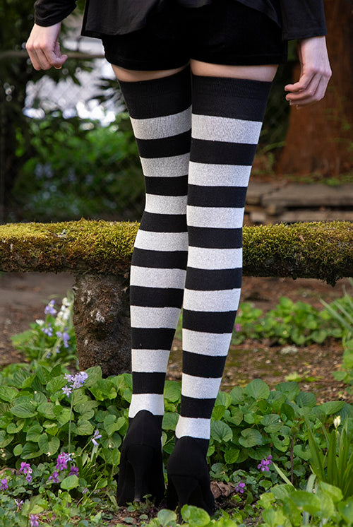 XL Foot Longer Striped Extraordinary Thigh High - Black and Sweet Cream