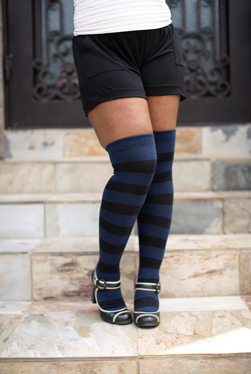 Striped Extraordinary Thigh High Socks - Navy/Black