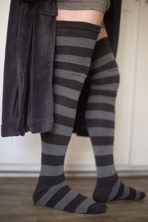 XL Foot Longer Striped Extraordinary Thigh High - dark charcoal/charcoal