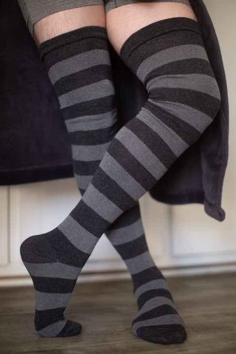 XL Foot Extraordinarily Longer Striped Thigh Highs in Dark Charcoal and Charcoal
