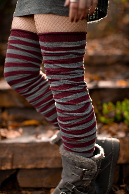 M Stripes Thigh High Socks - Dark Red/Charcoal