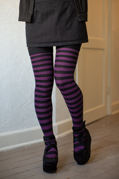 Super Stripes Thigh High Socks - Black/purple