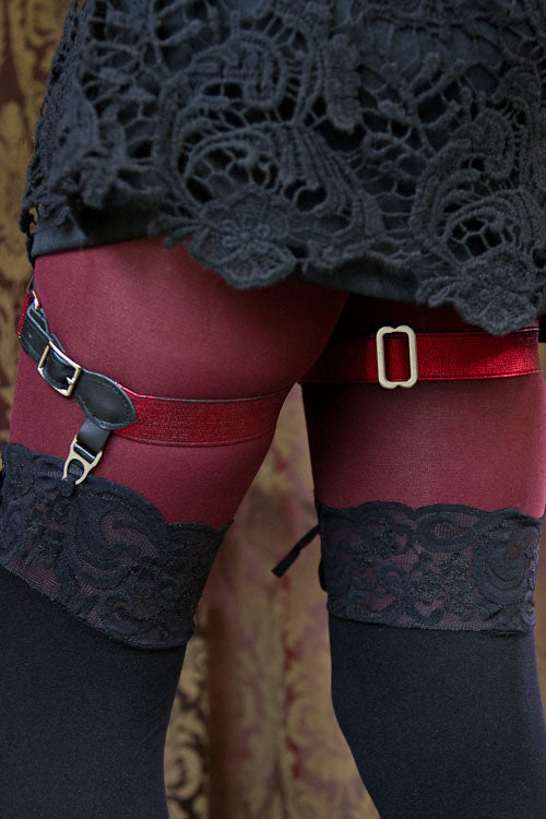 1 Inch Metallic Elastic Buckle Garter - Red with Black Leather