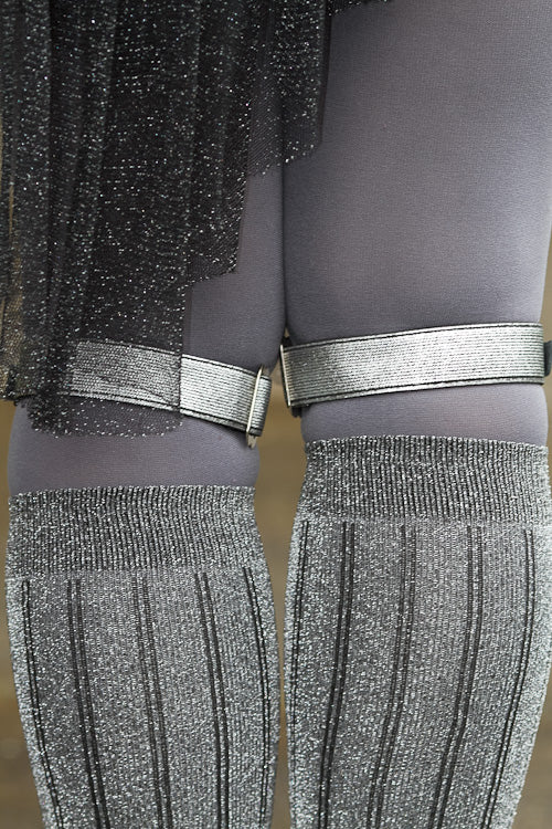 1 Inch Metallic Elastic Buckle Garter - Silver with Black Leather