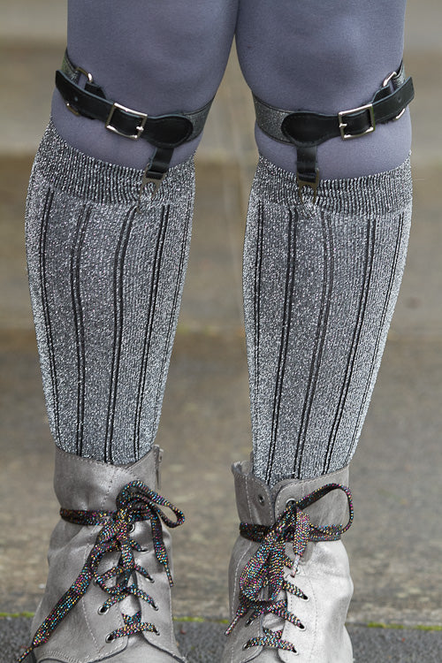 1 Inch Metallic Elastic Buckle Garter - Silver with Black Leather