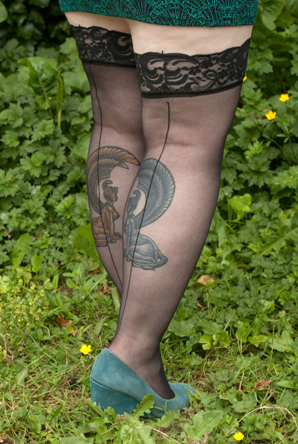 Plus Size Sheer Lace Top Stockings with Backseam - Black