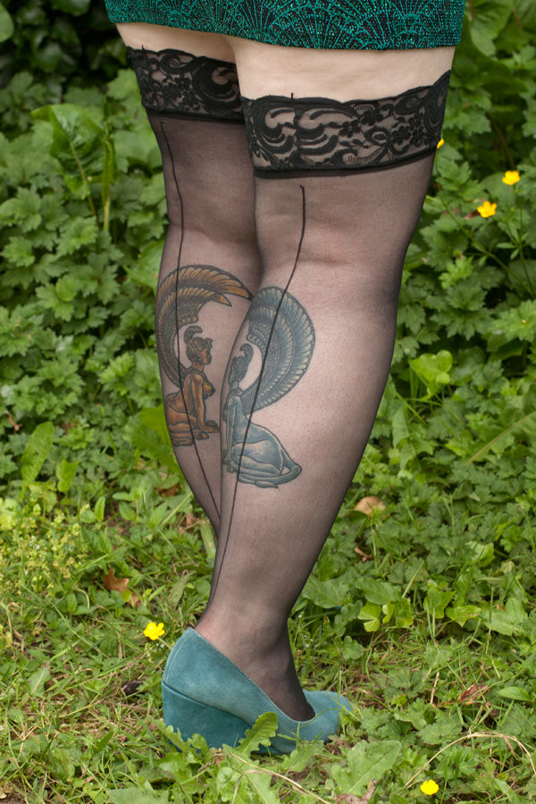 Plus Size Sheer Lace Top Stockings with Backseam - Black