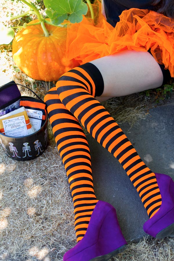 Striped Nylon Thigh High - Black & Neon Orange