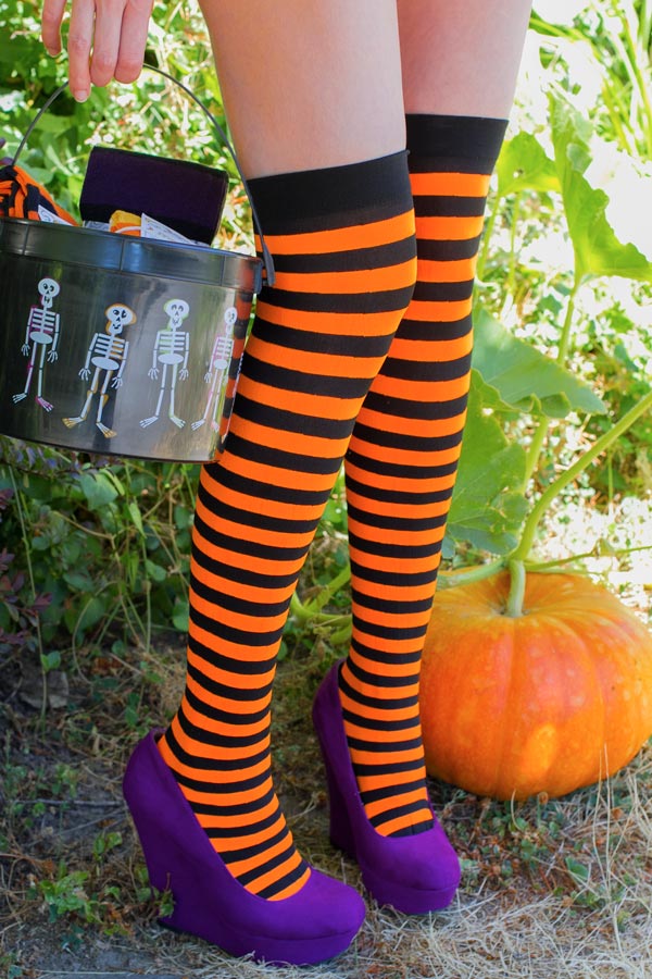 Striped Nylon Thigh High - Black & Neon Orange