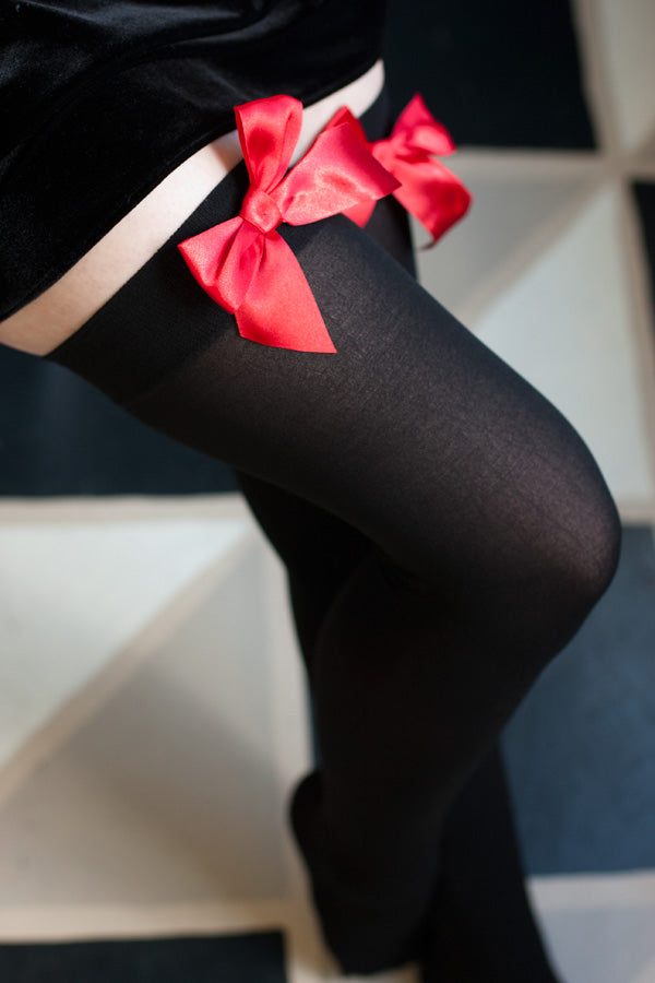 Opaque Thigh High Stockings with Bow - Black with Red
