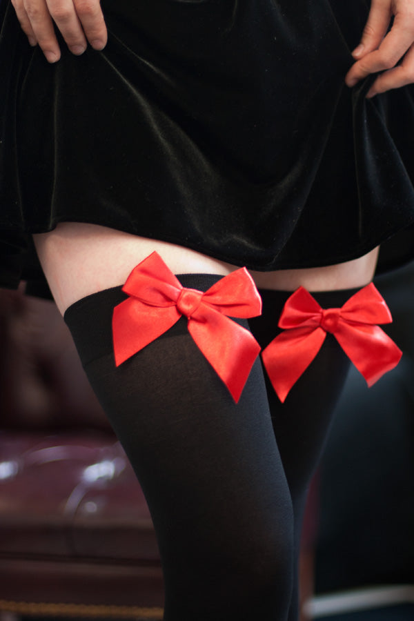 Opaque Thigh High Stockings with Bow - Black with Red