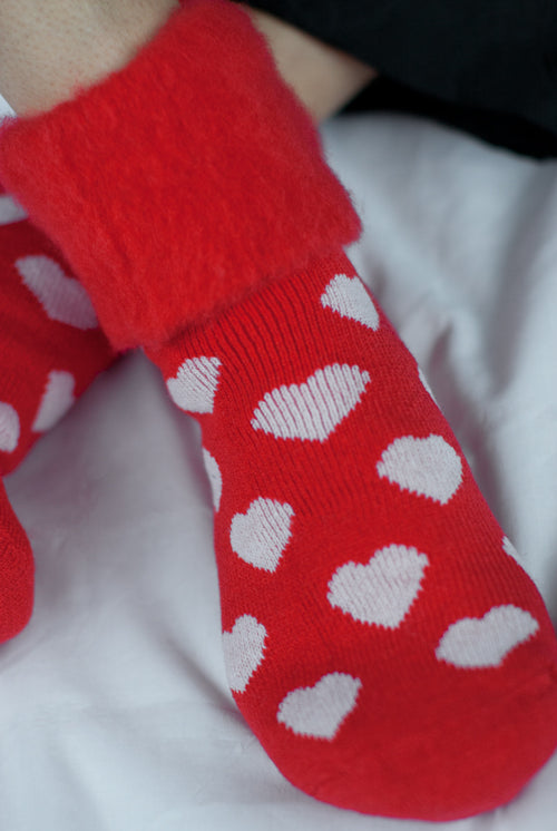 New Zealand Bed Socks with Hearts - Red with White Hearts