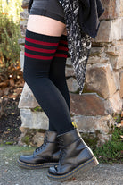 Americana Gothic Thigh High Socks - Black with Dark Red