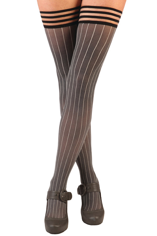 Annabelle Pinstripe Thigh Highs with Stay-Up Top - Grey - A