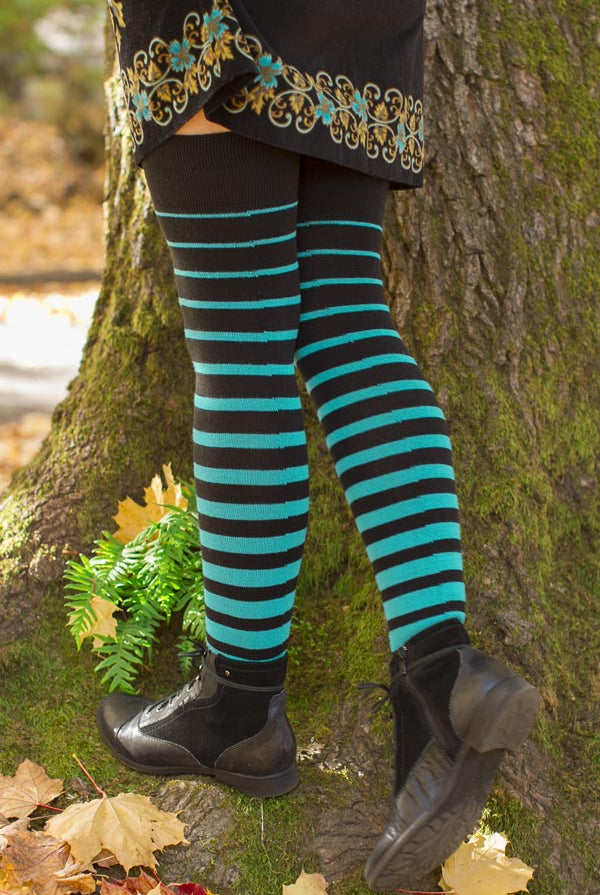 Extraordinary Acrylic Gradient Stripes Thigh High - Black & Turquoise
