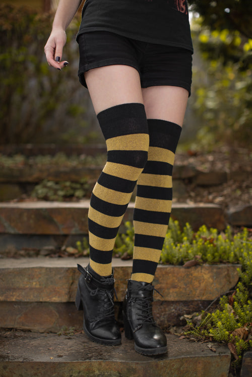 Striped Extraordinary Thigh High Socks - Black/Honey