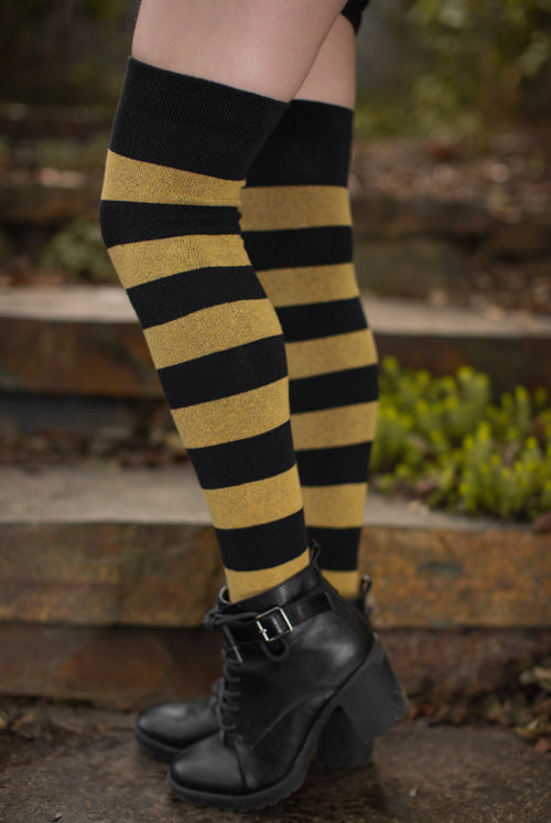 Extraordinary Striped Thigh High Socks - Black & Honey