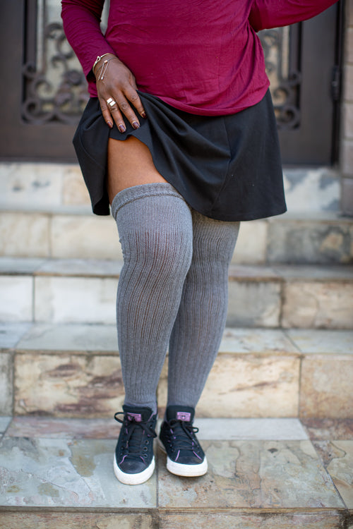 M45 Ribbed Thigh High with Roll Top - Charcoal
