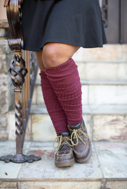 M45 Ribbed Thigh High with Roll Top - Dark Red