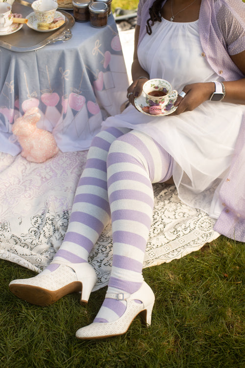 Longer Striped Extraordinary Thigh High in Lilac and Sweet Cream