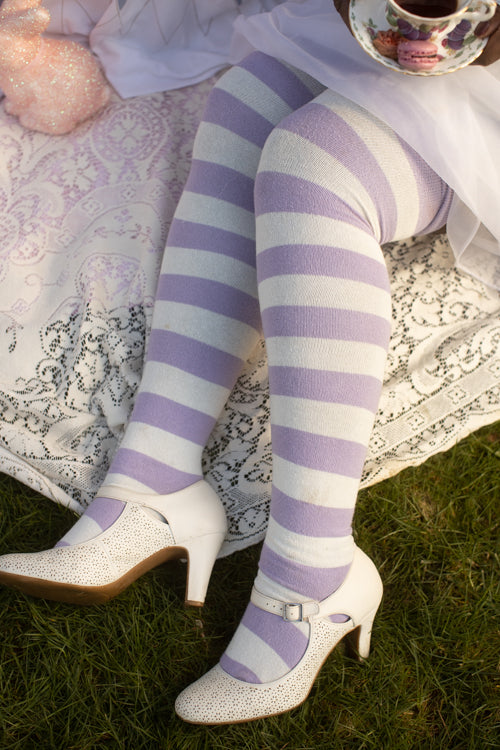 Longer Striped Extraordinary Thigh High in Lilac and Sweet Cream