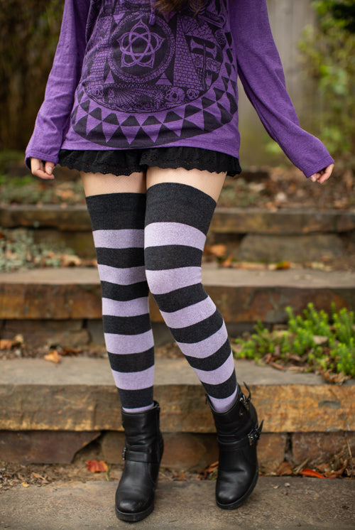 Striped Extraordinary Thigh High Socks - Dark Charcoal/Lilac