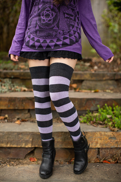 Striped Extraordinary Thigh High Socks - Dark Charcoal/Lilac