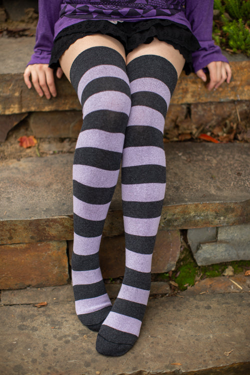 Striped Extraordinary Thigh High Socks - Dark Charcoal/Lilac