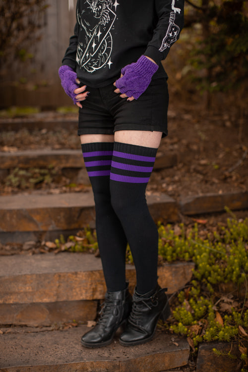 Americana Gothic Thigh High Socks - Black with Purple