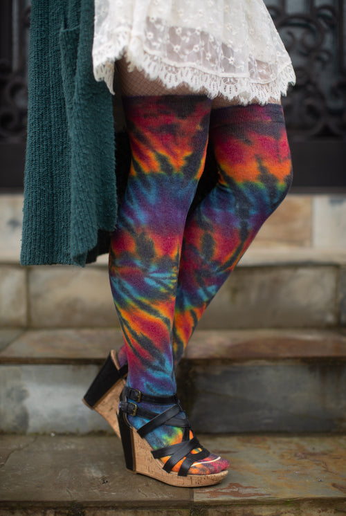 Extraordinary Tie Dye Thigh High - Spiral Black Rainbow