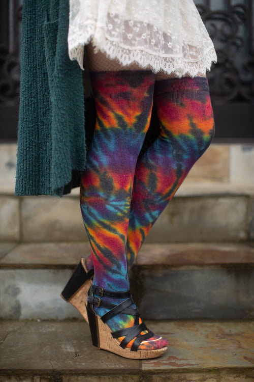 Extraordinary Tie Dye Thigh High - Spiral Black Rainbow