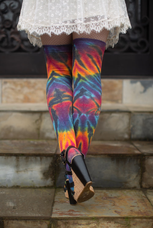 Extraordinary Tie Dye Thigh High - Spiral Black Rainbow