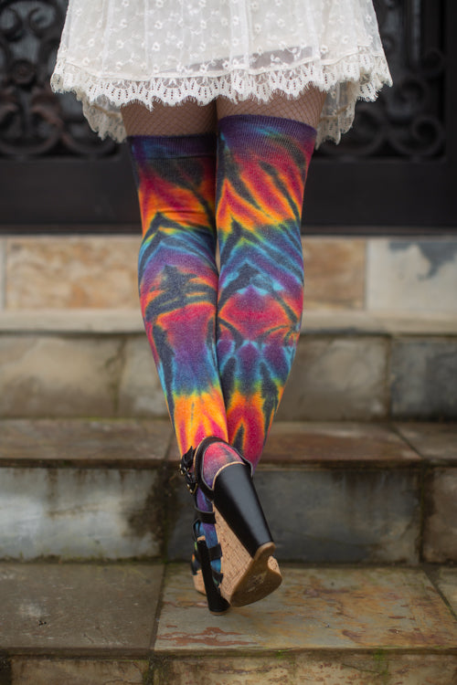 Extraordinary Tie Dye Thigh High - Spiral Black Rainbow