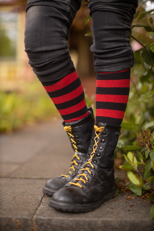 Roll Top Striped Knee High Socks - Black/Red