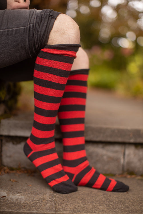 Roll Top Striped Knee High Socks - Black/Red