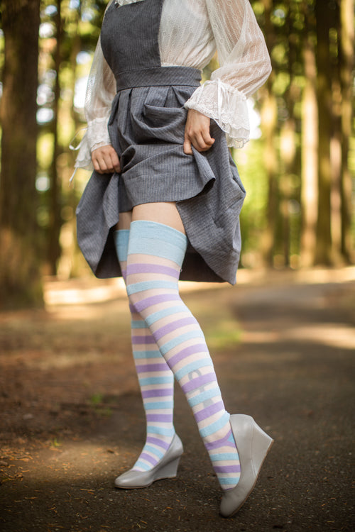 Extraordinary Gossamer Stripes Thigh High - Light Blue/Lilac/White