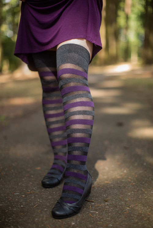 Extraordinary Gossamer Stripes Thigh High - Dark Charcoal/Plum