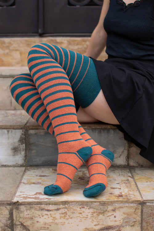Extraordinarily Longer Gradient Stripe Socks - Teal/Spice