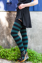 Extraordinarily Longer Striped Thigh High Socks - Black & Teal