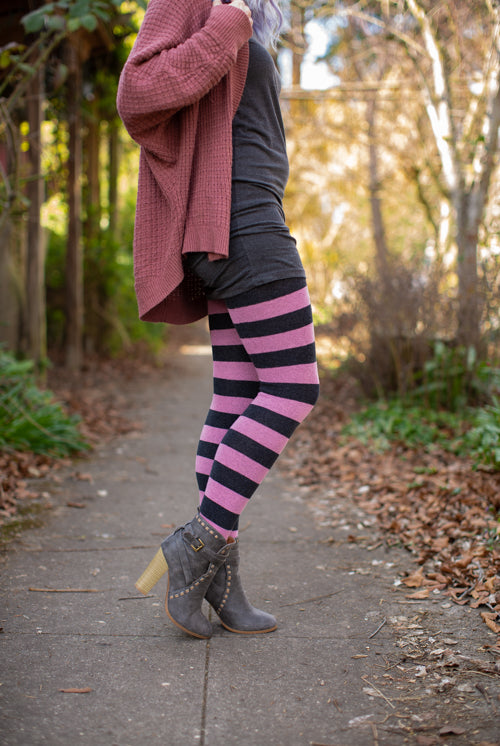 Longer Striped Extraordinary Thigh High in Dark Charcoal and Bubblegum