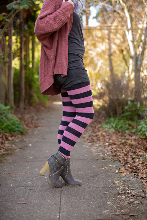 Longer Striped Extraordinary Thigh High in Dark Charcoal and Bubblegum