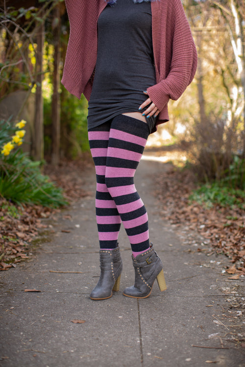 Longer Striped Extraordinary Thigh High in Dark Charcoal and Bubblegum