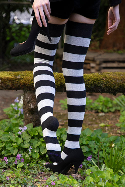 Longer Striped Extraordinary Thigh High in Black and Sweet Cream