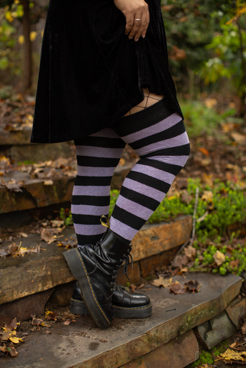 Longer Striped Extraordinary Thigh High in Black and Lilac