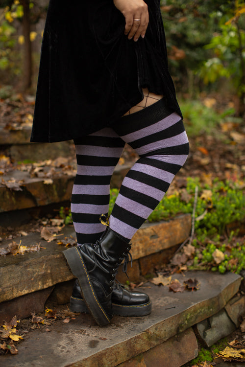 Longer Striped Extraordinary Thigh High in Black and Lilac