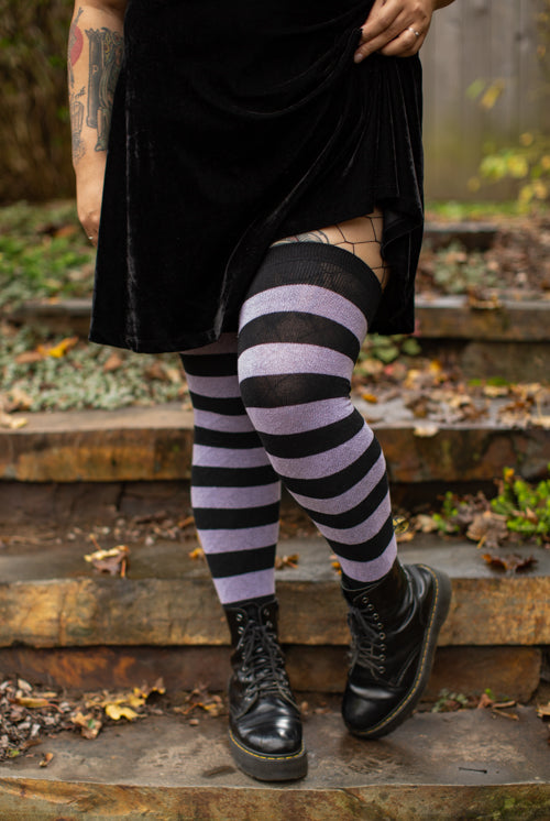 Extraordinarily Longer Striped Thigh High Socks - Black & Lilac