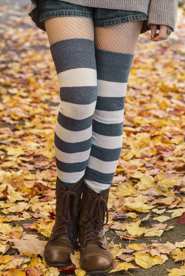 Longer Striped Extraordinary Thigh High in Steel Blue and Sweet Cream