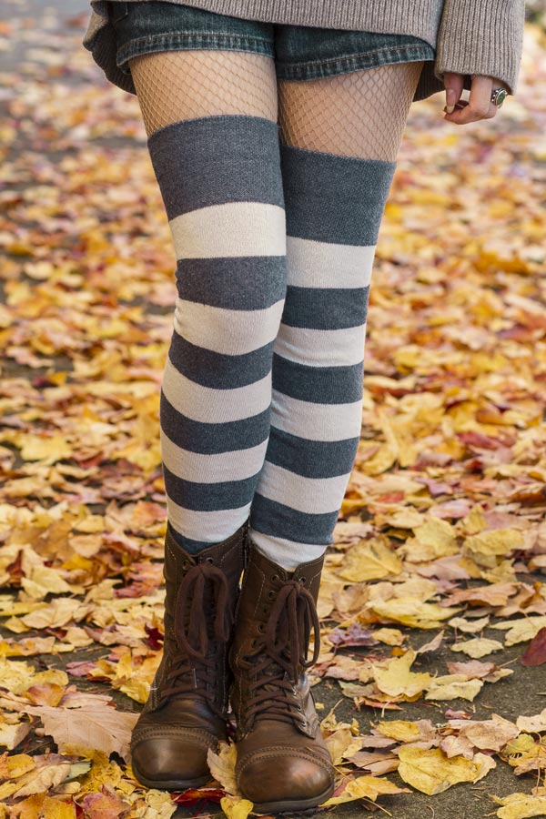 Longer Striped Extraordinary Thigh High in Steel Blue and Sweet Cream