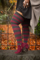 Extraordinarily Longer Striped Thigh High Socks- Dark Charcoal & Burgundy