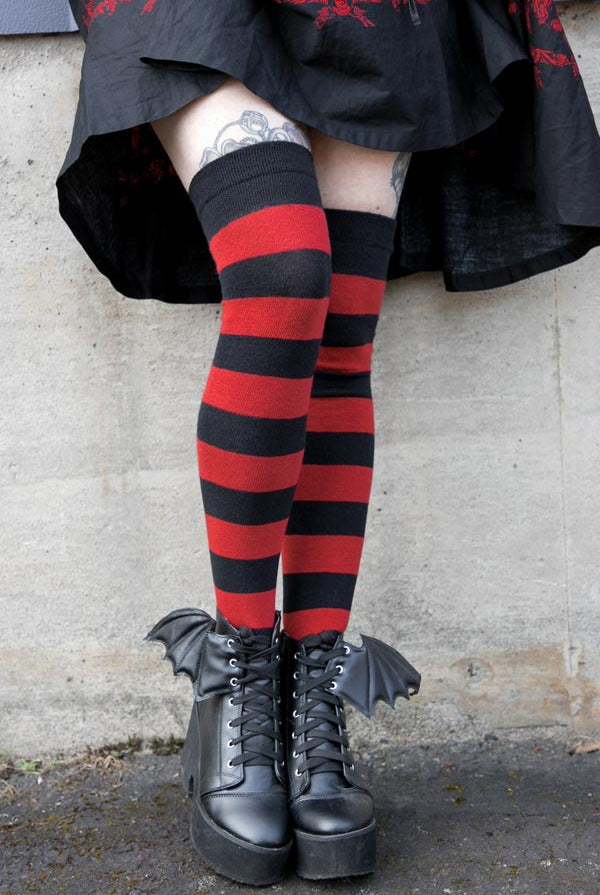 Striped Extraordinary Thigh High Socks - Black/Red